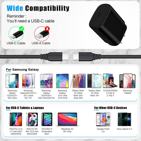 25W Super Fast Charger Type C for Samsung Galaxy A54 5G A14 A13 S23 S23+ S23 Ultra S22 S21 FE S20 A03s A53 A04s A23 A33 A34,Z Fold4 3 Z Flip4,USB ...