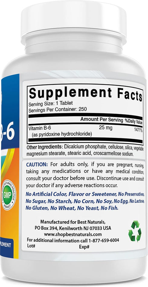 Best Naturals Vitamin B6 25mg 250 tablets (250 Count (Pack of 2))...