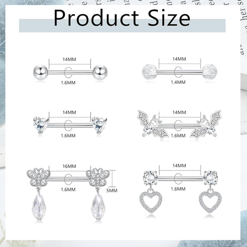 JOERICA 6 Pairs 14G Nipple Rings for Women 316L Stainless Steel Heart Butterfly Moon CZ Flower Barbell Nipple Rings Set Cute Nipplerings Piercing ...