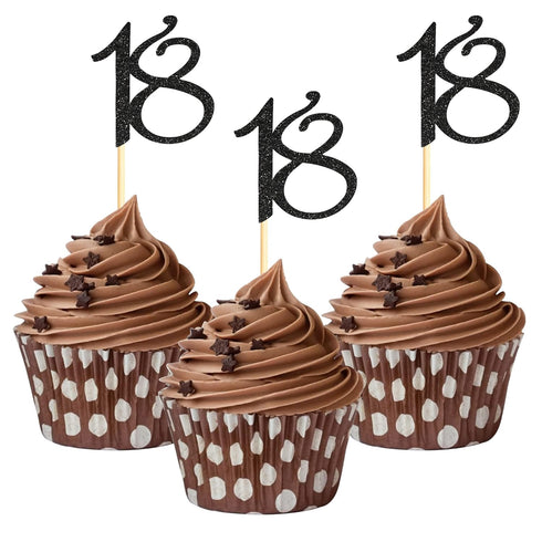 Sumerk 24PCS 18 Cupcake toppers Black Glitter 18th Birthday Cupcake Picks Anniversary Party Decorations...
