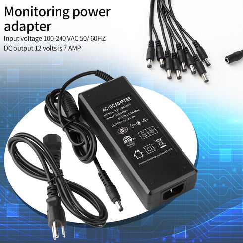 12V 7A CCTV Surveillance Video Power Supply Adapter + 1 to 8 Power Splitter & 110~240V AC 2.1mm Plug for Security Camera?LED Strip Light...
