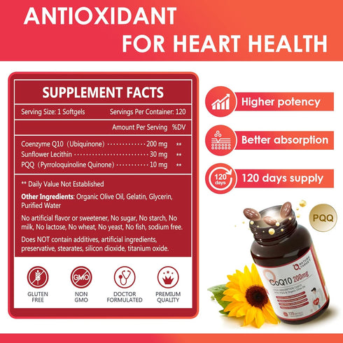 NATURE TARGET CoQ10-200mg-Softgels + PQQ with Organic-Olive-Oil - High Absorption-Coenzyme-Q10 - Antioxidant-for-Heart-Health and Immune Support, ...