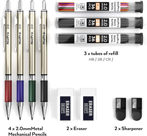 Nicpro 4 PCS Premium 2.0 mm Mechanical Pencils Set, 108 Colored & Black (HB 2B) Lead Refills, Art Metal 2mm Carpenter Pencil with 2 Erasers, 2 Sha...
