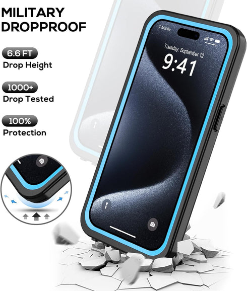 for iPhone 15 Pro Case Waterproof 6.1'', Full Protective Dustproof Shockproof Phone Case with Screen Protector for Apple iPhone 15 Pro (Blue)...