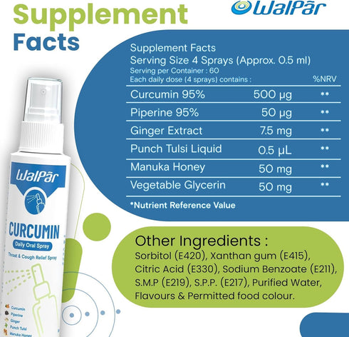 Curcumin Oral Spray - A Natural Blend with Curcumin, Piperine, Ginger Extract, Punch Tulsi, and Manuka Honey | 30ml 1 fl. oz | 60 Days Supply...