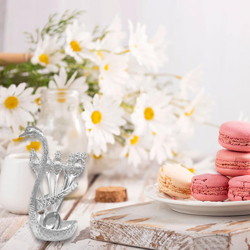 Metal Coffee Dessert Spoon Set, Swan Base Holder Spoon Organizer with 6pcs Spoons for Coffee, Fruit,Dessert,Stirring, Mixing, Sugar, Stir, Ice Cre...