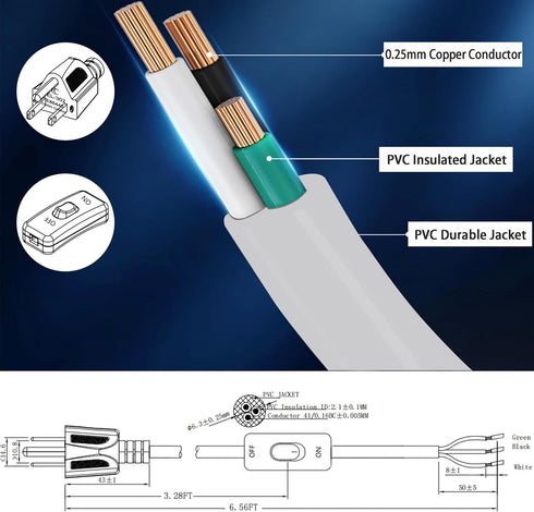 Extension Cord with Switch On/Off White Three Prong Grounded Plug Indoor/Outdoor Power Cord 4.92 FT Waterproof and Flame (White)...