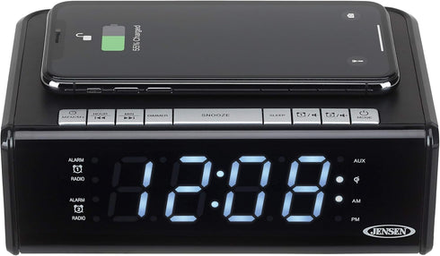Jensen QiCR-200 Dual Alarm Clock Radio with Qi Charging, White, 9.40in. x 5.00in. x 3.00in....