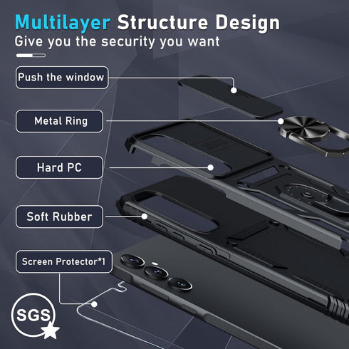 Janmitta for Samsung Galaxy A55 5G Case Built in Slide Camera Lens Cover+Screen Protector+Finger Ring Holder Kickstand,Heavy Duty Shockproof Full ...