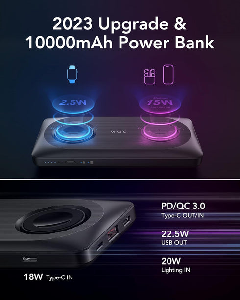 VRURC Wireless Portable Charger, 10000mAh Magnetic Power Bank, 3 in 1 Charger, 22.5W Fast Charing Battery Pack, 3 inputs 4 outputs Compatible with...