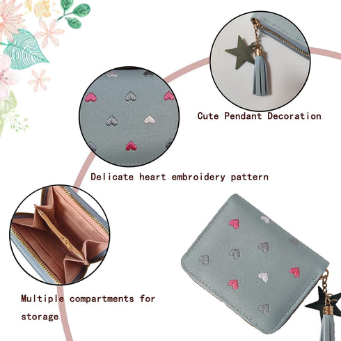 StillvollMao Coin Purse, PU Leather Change Purse Small Wallet for Women Credit Card ID Card Holder with Heart Embroidered patterns and Cute Pendan...