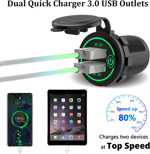 Car USB Outlet 12V Charger Socket, Qidoe Waterproof 36W Dual QC3.0 USB Power Socket with Touch Switch DIY Car USB Port for Car Boat Marine RV Moto...