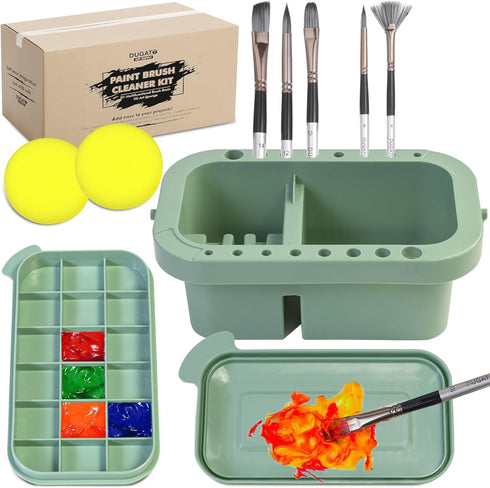 DUGATO Paint Brush Cleaner Washer, Multifunction Painting Brush Basin Holder and Organizer with Tray Palette Lid & 2 Art Sponges for Acrylic, Wate...