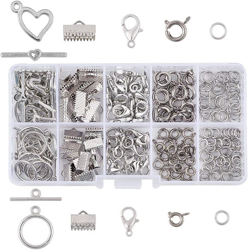 Pandahall 1 Box Jewelry Making Finding Kits with Lobster Clasps/Spring Clasps/Toggle Clasps/Ribbon Ends/Jump Rings (Platinum)...