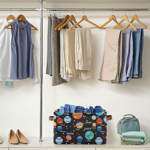 Solar System Storage Basket Collapsible Rectangle Storage Bin Shelves Basket Organizer with Leather Handle for Closet, Office, Nursery, Home Decor...
