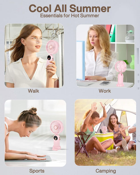 Handheld Fan, Portable Fan Mini Desk Fan 90° Foldable 5 Speeds Standing Fan with Base, Battery Operated Neck Fan with Lanyard, USB Rechargeable Fa...