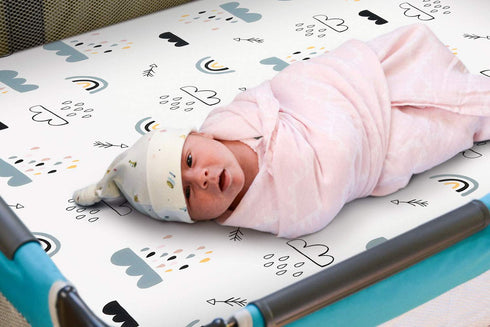 GRSSDER Stretchy Ultra Soft Jersey Knit Fitted Pack n Play Playard Sheets Set 2 Pack?Portable/Mini Crib Sheets, Crown and Cloud for Girls and Boys...