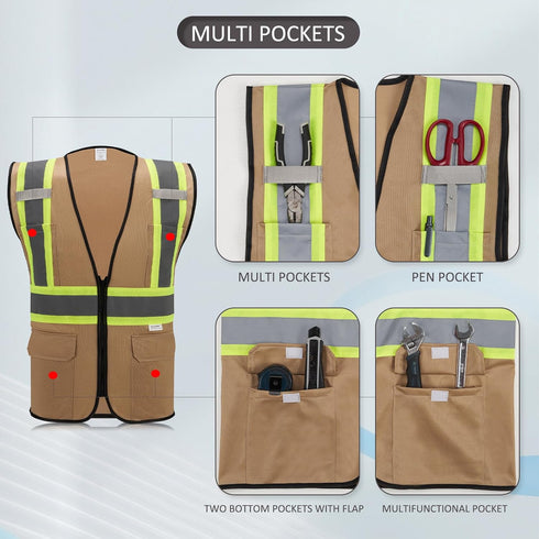 High Visibility Reflective Safety Vest with Zipper and Pockets Khaki,L...