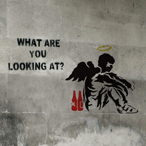 FINGERINSPIRE Banksy Fallen Angel Stencil 11.8x11.8inch Reusable Fallen Angel with Wine Bottles Pattern Painting Template DIY Art Banksy Theme Ste...