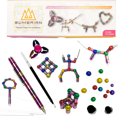 Sumerian Magnetic Fidget Pen & Spinner Set - Gel Pen, Toy Stylus for Kids Adults Tubes, Metal Balls, Refills, Touchscreen Tips, Caps, Clip Stress ...