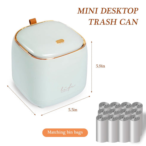 Mini Countertop Trash Can with 12 Rolls of Trash Bags, Desk Trash Can Tiny Trash Can with Press Type Lid, Desktop Trash Can Applicable for Bathroo...