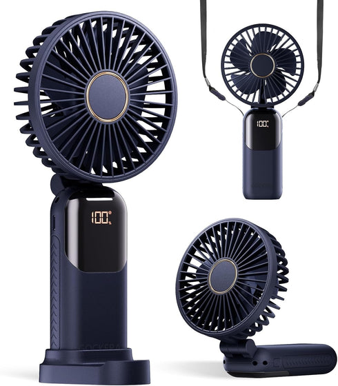 Portable Fan, 4200mAh Battery Operated Fan, 5 Speeds Personal Fan with Base, Digital Display, 180° Ajustable Lash Fan Makeup Fan for Women, Handhe...