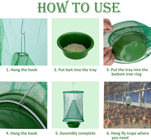 Ranch Fly Trap (4 Pack) with Adjustable Hanging Wire (2pcs) and Bait Tray | Indoor or Outdoor Fly Traps Hanging Cages for Farms, Park or Restauran...