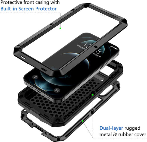 Lanhiem for iPhone 12 Pro Max Metal Case, Heavy Duty Shockproof Tough Rugged Case with Built-in Glass Screen Protector, 360 Full Body Dust Proof P...