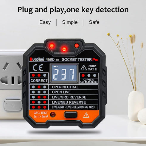 Outlet Tester Electrical GFCI Receptacle Detector with LCD Display, 50-250V Power Socket Tester, Circuit Polarity Voltage Detector, Plug Tester Br...
