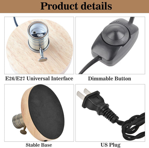 Tissting Vintage Wooden Lamp Base E26/E27 Table Lamp Holder with Dimmable Button Adjust Brightness Mini Short Desk Lamp Exposed Bulb Base with US ...
