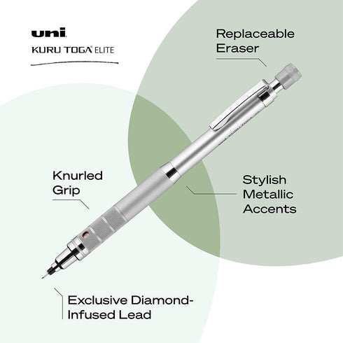 Uniball Kuru Toga Elite Mechanical Pencil Starter Kit with Silver Barrel and 0.5mm Tip, 60 Lead Refills, and 5 Pencil Eraser Refills, HB #2, Offic...