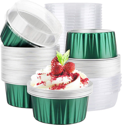 EUSOAR Aluminum Foil Cups, 5 oz 50pcs Baking Cups with Lids, 3.34"x2.59"x2.35" Snacks Desserts Flan, Cupcake Pie Ramekin, Recyclable Catering Wedd...
