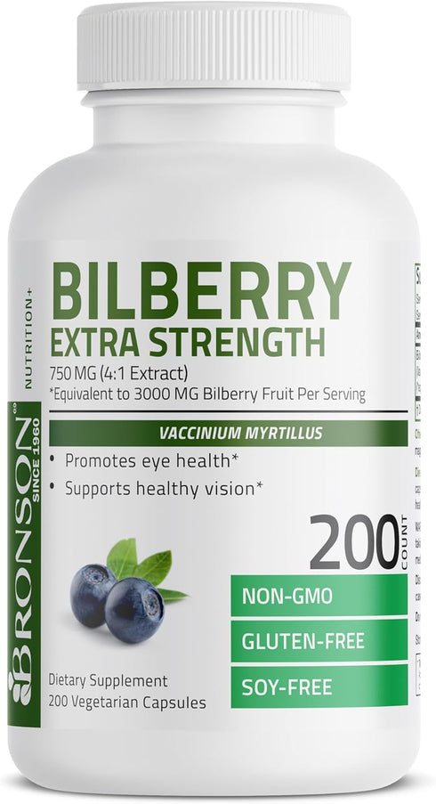 Bronson Bilberry Extra Strength Vaccinium Myrtillus, Promotes Eye Health and Supports Healthy Vision - Non GMO, 200 Vegetarian Capsules...