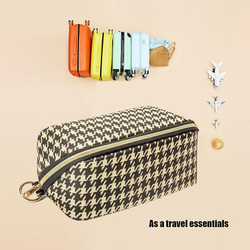 Makeup Bag, Houndstooth Checkered Makeup Bag, Flat Lay Makeup Bag, Travel Make Up Bag Organizer, Travel Toiletry Bag, Brush Bag, Travel Essentials...