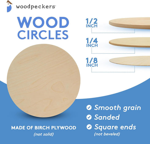 Wood Circles 8 inch, 1/4 Inch Thick, Birch Plywood Discs, Pack of 3 Unfinished Wood Circles for Crafts, Wood Rounds by Woodpeckers...