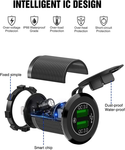Nilight - 90103A Dual USB Port QC 3.0 Fast Charging Hubs USB Charger Socket Power Outlet 2.1A & 2.1A x2 for Car Boat Marine RV Mobile with Wire Fu...