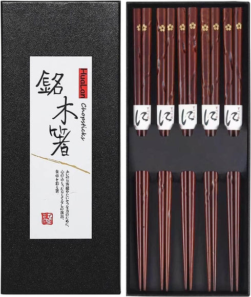 Japanese Natural Wood Chopstick Set Reusable Classic Style Chopsticks Non-slip Design Chop Sticks 5 Pairs Gift Set...