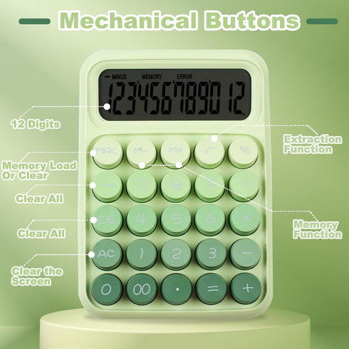 Mechanical Pushbutton Calculator, 12 Digit Large LCD Display, Big Buttons Easy to Press Use as Office Calculators Desktop, Forest Green Computer B...