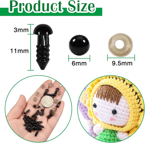 TOAOB 150pcs 6mm Safety Eyes for Amigurumis Craft Crochet Eyes with 150pcs Washers Black Doll Eyes for Crocheting Stuffed Animals Bears Doll Makin...