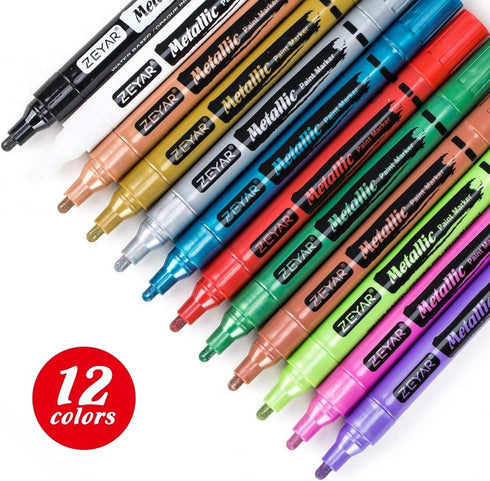 ZEYAR Acrylic Paint Pens, Metallic Colors, Water Based, Medium Point, 12 Colors, Great for Christmas Cards, Album, Rocks, Posters and all kinds of...
