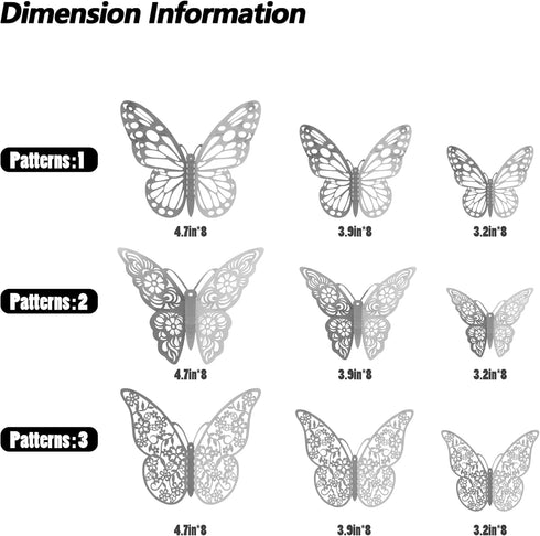 3D Butterfly Wall Stickers, 72Pcs 3 Sizes 3 Styles, Removable Metallic Wall Decals Fridge Sticker Room Mural Decoration for Kids Bedroom Nursery C...