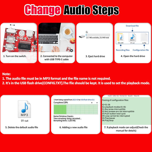 Sound Module, JRGKJCP 16MB Push Button & Magnetron & Light Control Activated Recordable Voice Sound Chip Module with Light Strip & Speaker, for Gr...