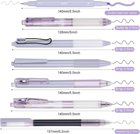 Pack of 7 Gel Pens Coloured Highlighter Writing Set, Aesthetic Retractable Black Gel Pens with 1 Highlighter, Grape Style - Ballpoint Pen 0.5 mm P...