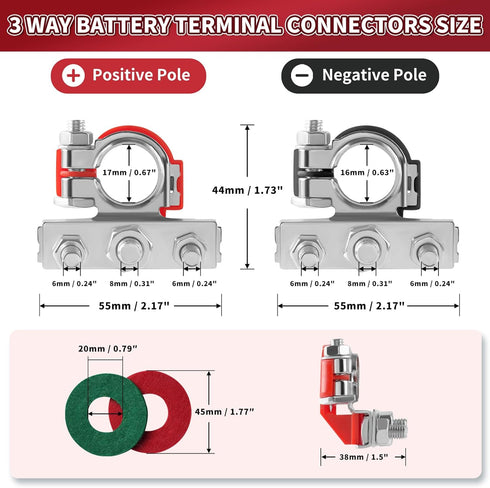 Battery Terminal Connectors 3 Way, 2 Pcs Battery Terminals Copper, Battery Cable Ends with Anti-Corrosion Pad for Car RV Accessories Automotive Ma...