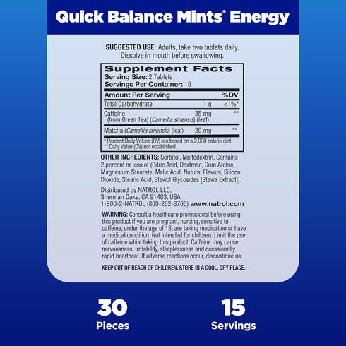 Natrol Quick Balance Energy Mints, Energy Supplement, 30 Lemon Green Tea Naturally and Artificially Flavored, 30 Count, 15 Day Supply...