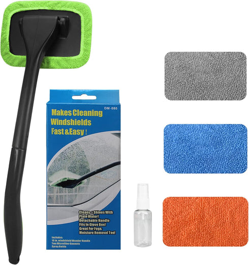 Car Windshield Cleaning Tool, Windshield Cleaner with 4 Washable and Reusable Microfiber Pads and Extendable Handle, for Auto Glass Wiper...