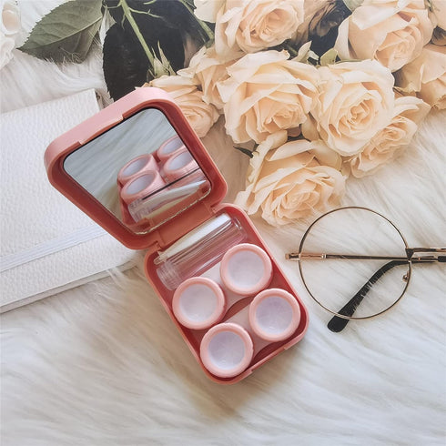 Pink Contact Lens Case Travel Kit Portable Contact Case with Mirror Tweezers Remover Tool Solution Bottle for Daily Outdoor Office...