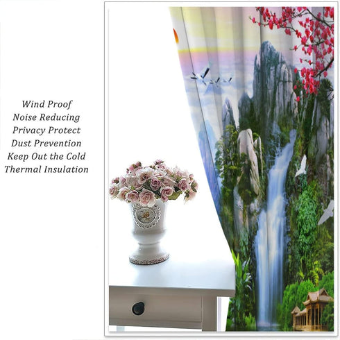 Waterfall Deocr Curtain, Surrounded Waterfall Rocky Lotus Fish Swan Landscapes Home Decor Windows Rod Pocket Curtain for Living Room Bedroom Kitch...