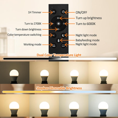 2 Packs Remote Control Bulb Set, A19 LED Light Bulbs Dimmable Stepless 2700K-6000K, 805 LM, E26 Base, 25000+ Hours Lifespan, LED Bulb for Pendant ...