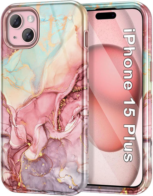 Btscase for iPhone 15 Plus Case 6.7 inch (2023), Marble Pattern 3 in 1 Heavy Duty Full Body Shockproof Hard PC+Soft Silicone Drop Protective Women...